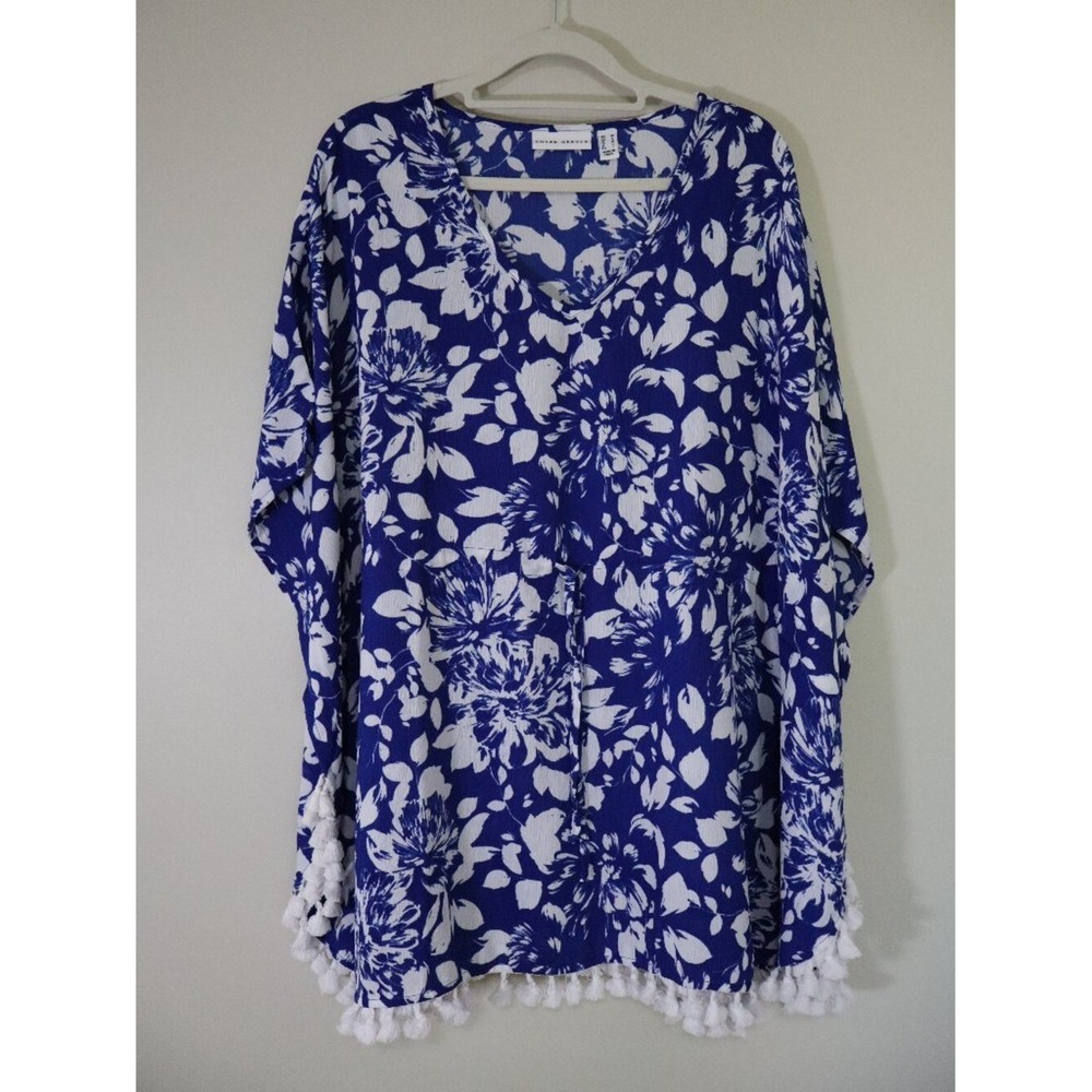 Coastal Beachwear Susan Graver Swim Cover Up M Blue White Floral Tassel Boho